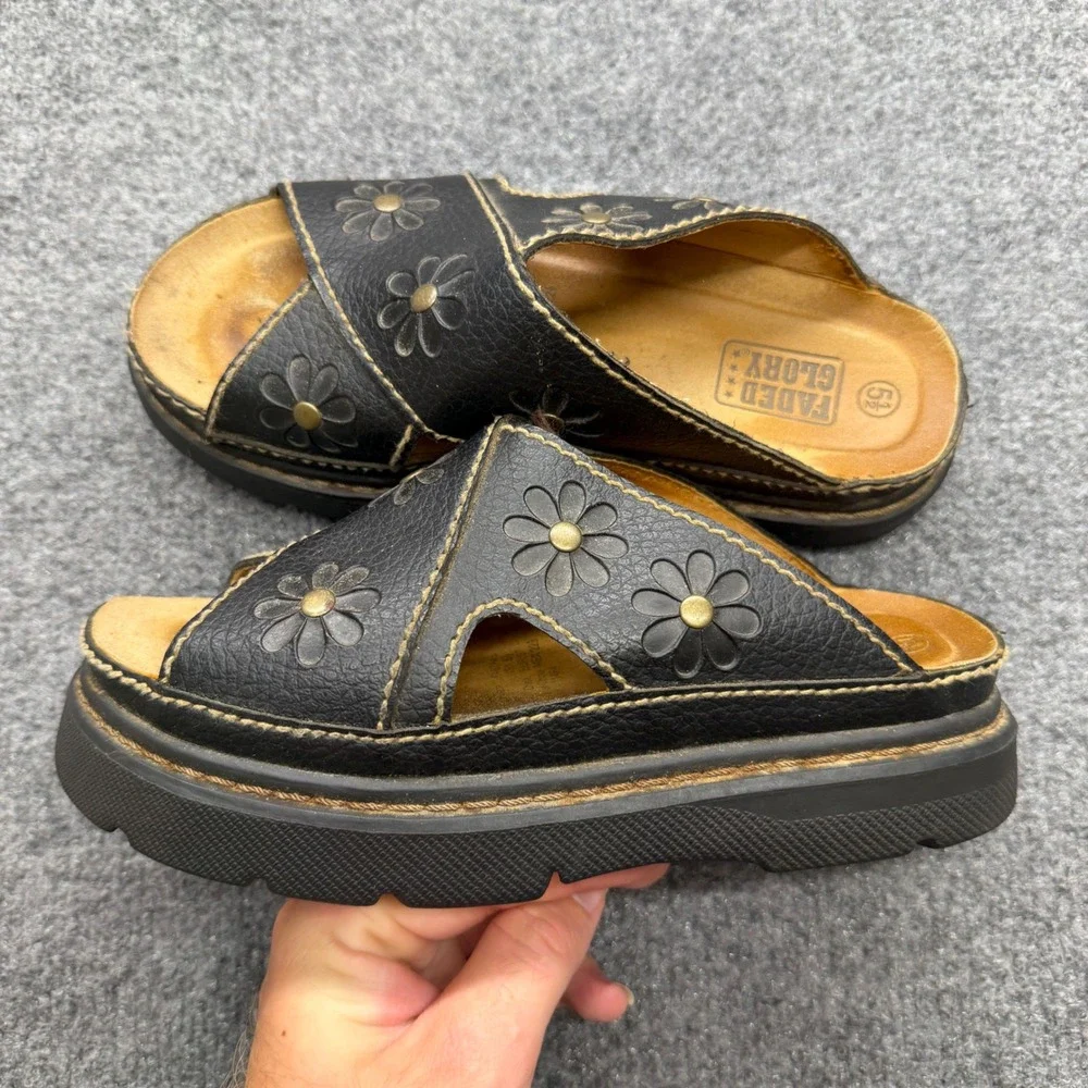 Faded Glory Womens Black Platform Daisy Floral Slide Sandals Vintage 90s Y2K 5.5
